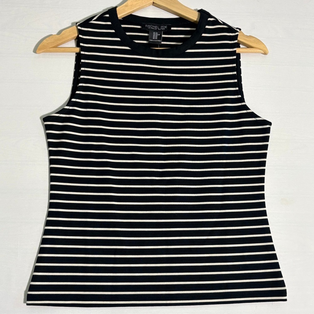Rachel Zoe Womens Black White Striped Sleeveless Knit Crew Neck Top NWT XS